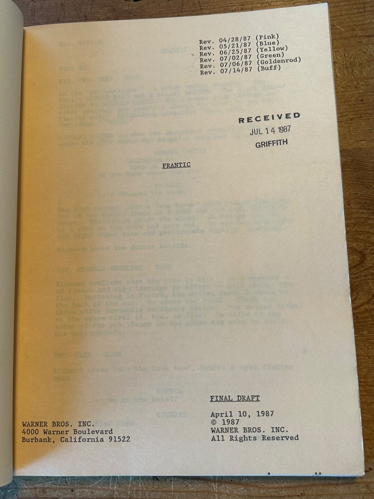 FRANTIC MOVIE ORIGINAL SCREENPLAY SCRIPT HARRISON FORD