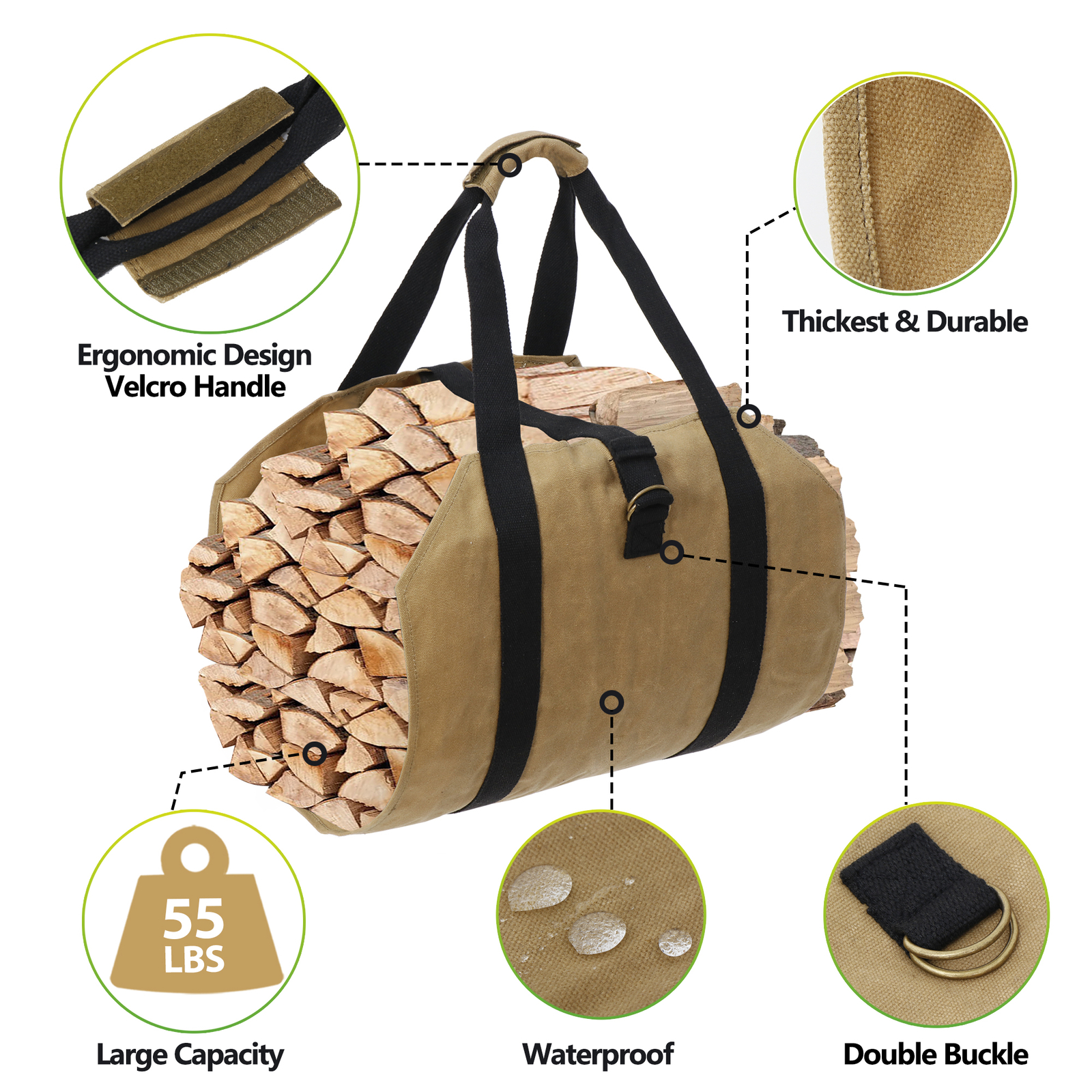 Firewood Log Carrier Bag Waxed Canvas Outdoor Log Tote Bags Camping with Strap