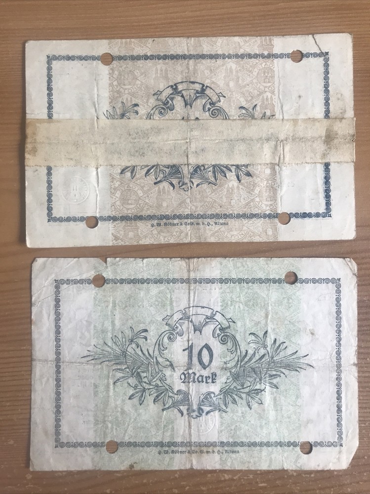 2 X Germany Notgeld Banknotes. 10 Mark. Dated 1918.