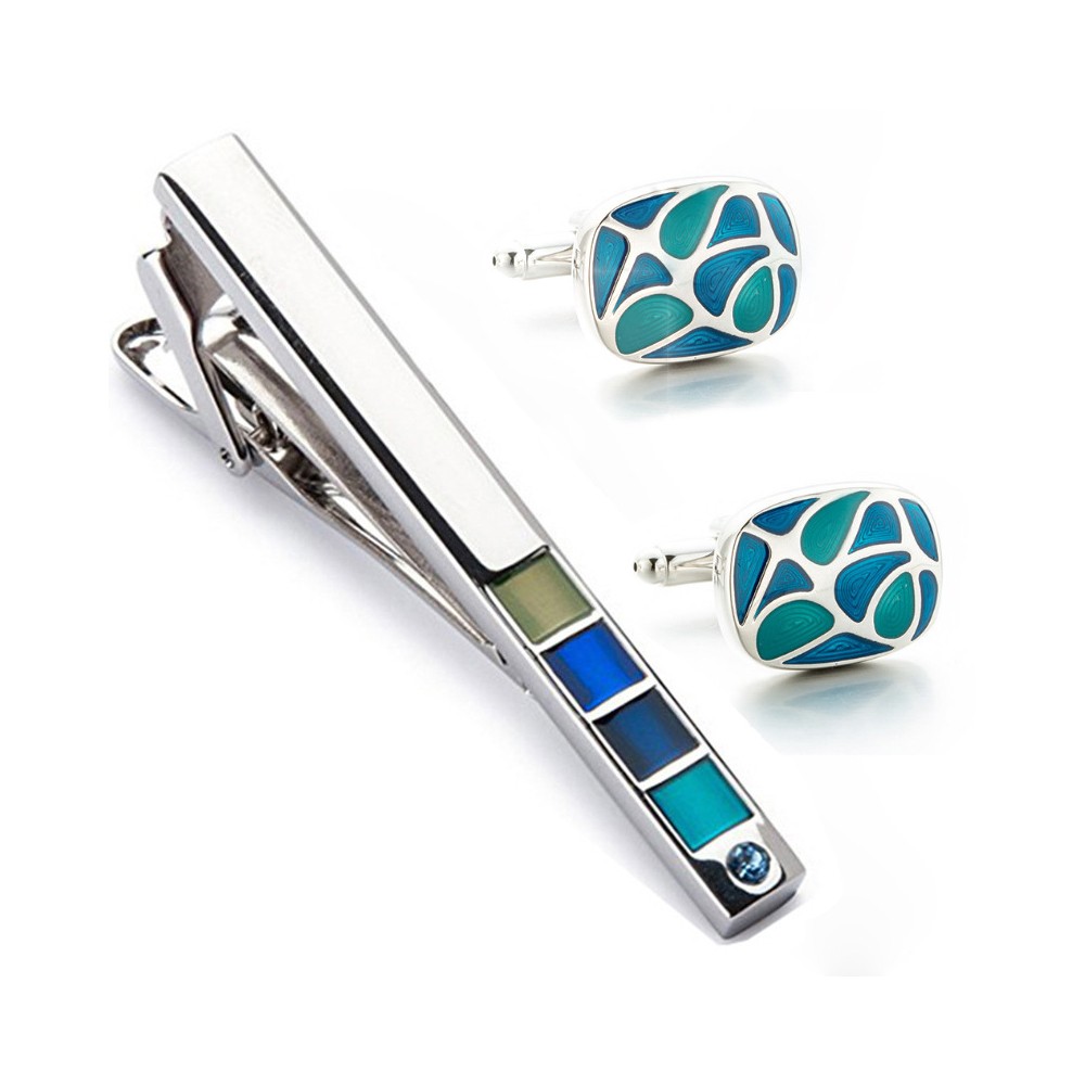 Cufflinks Button Tie Pin Set Aqua Blue Color