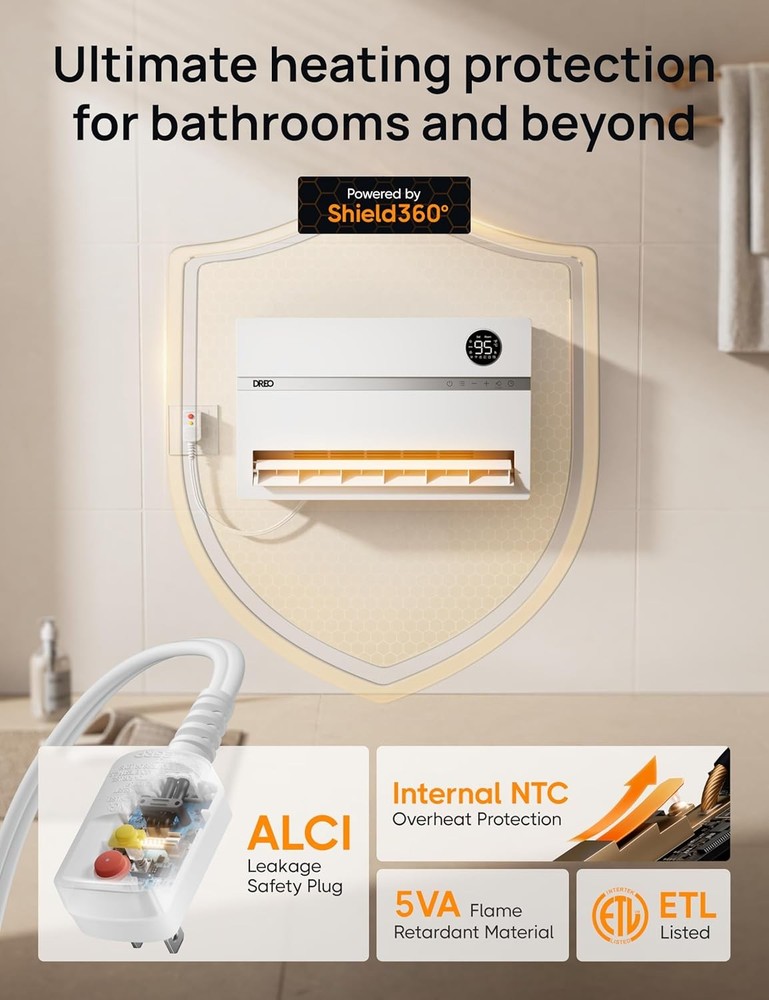 Wall Heater for Bathroom, Smart Space Heaters with ALCI Plug