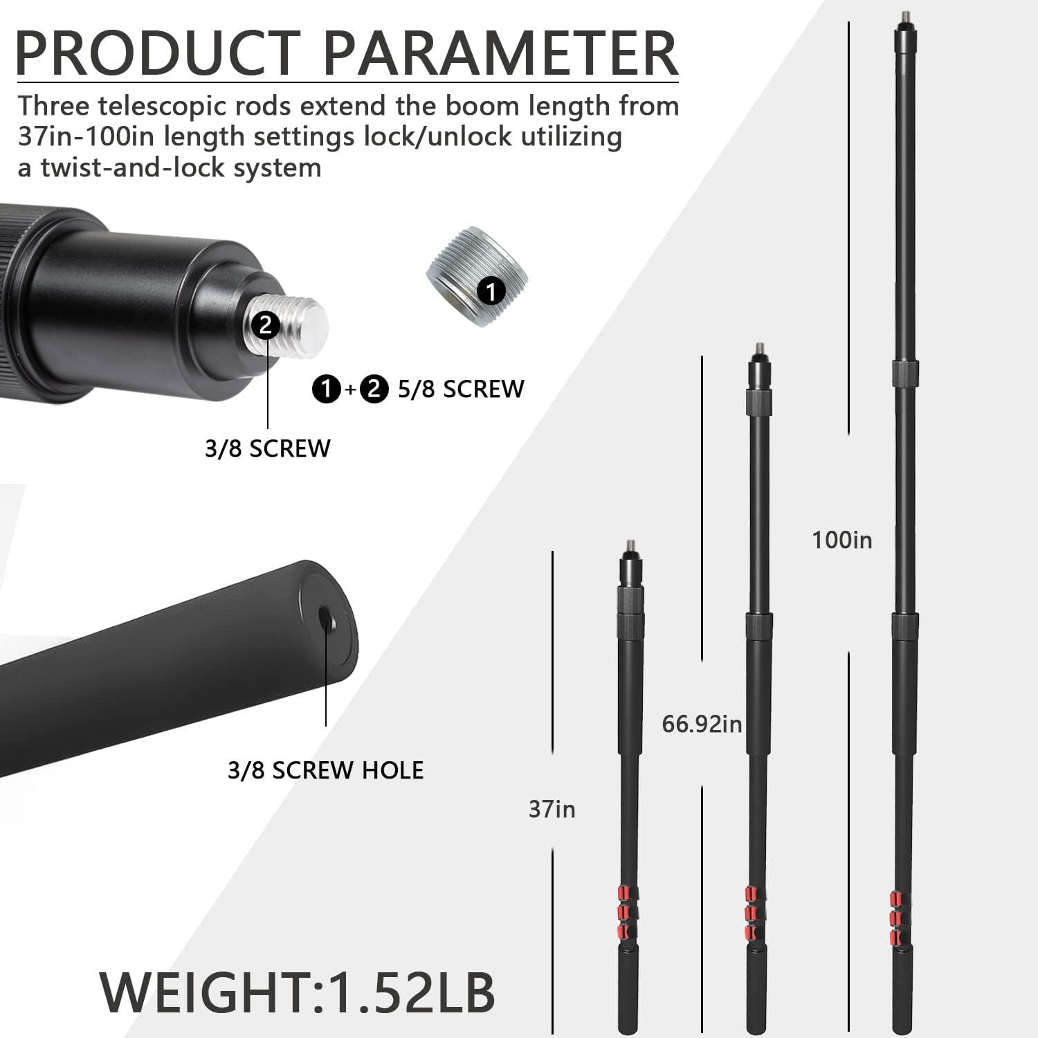 Portable Handheld Boom Pole for Shotgun Mic, 3-Section Extendable Microphone Arm