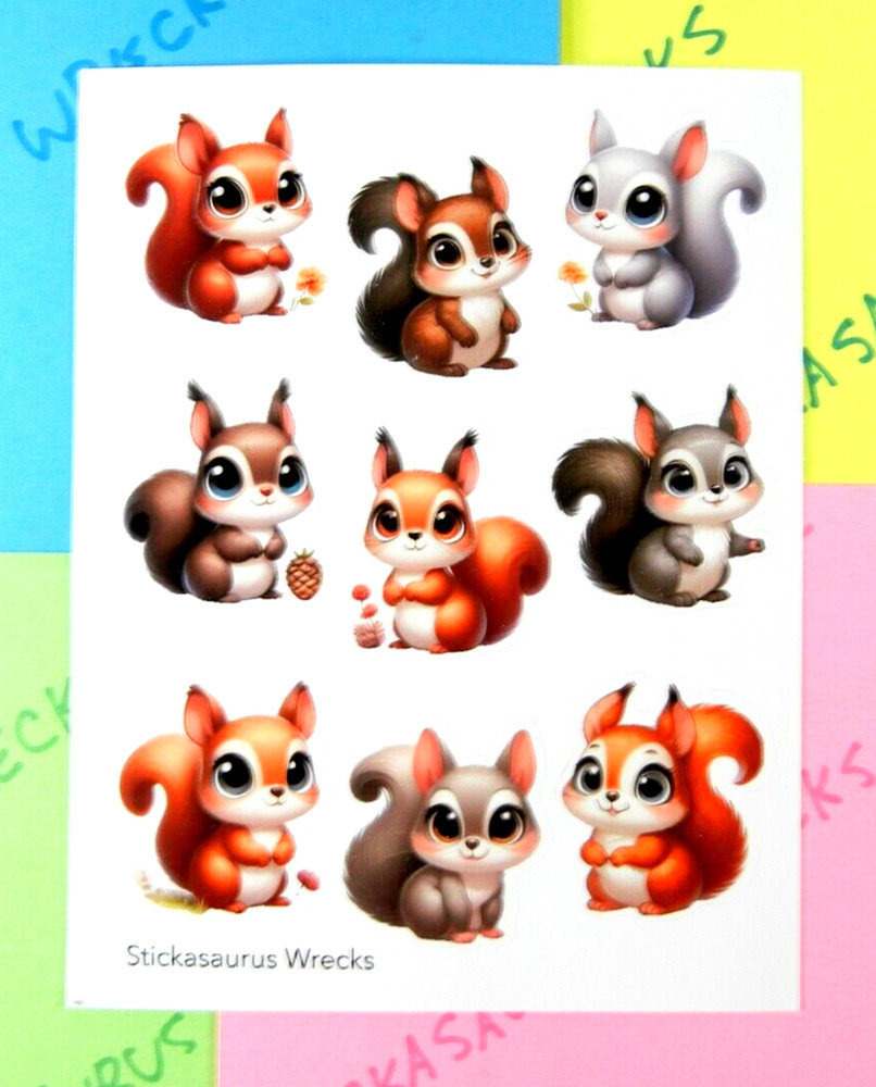 Fluffy Squirrels Sticker Sheet Orange Red Gray Brown Tan