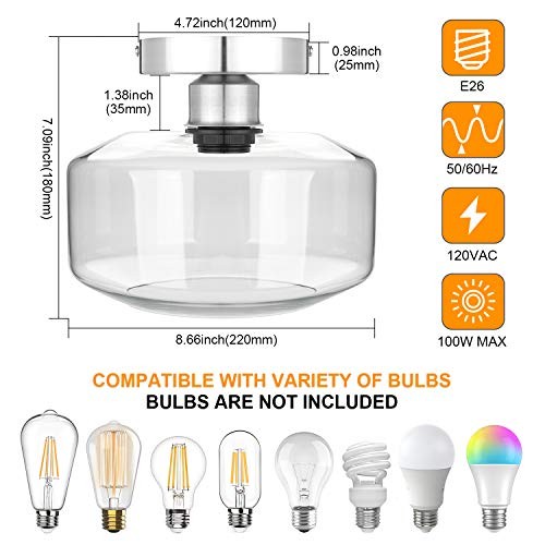 Industrial Semi Flush Mount Ceiling Light Brushed Nickel, Clear Large Silver