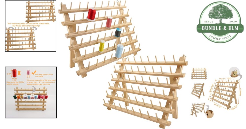 Wooden Thread Rack Organizer for 120 Spools with Adjustable Wall Mount Hooks