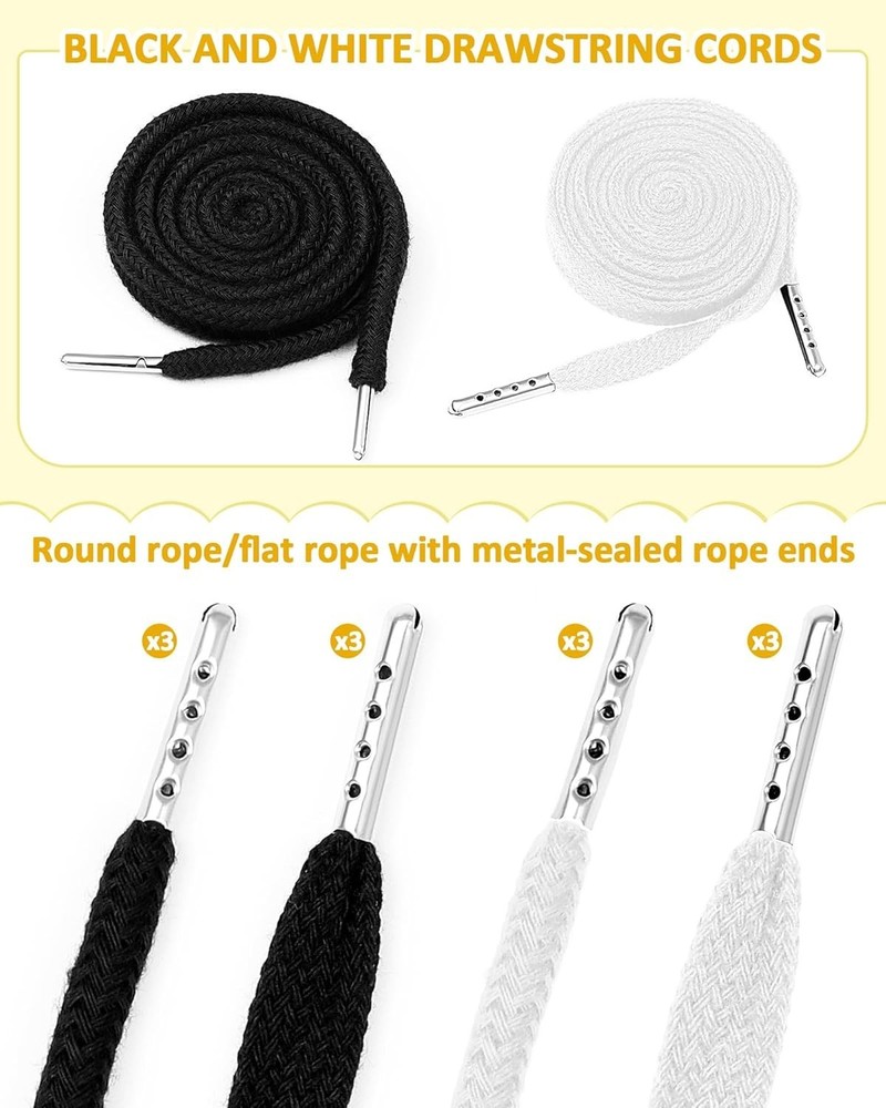 16pcs Drawstring Cord Kit-12pcs Hoodie Strings Flat & Round,Black & White wit...