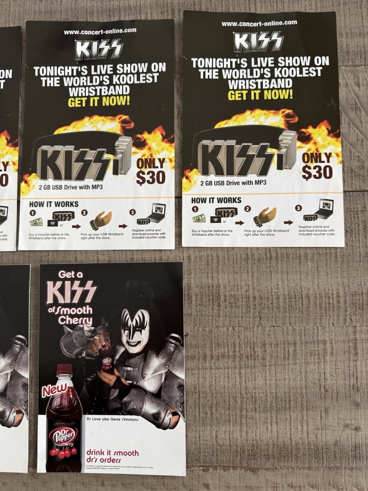 Kiss Alive 35 Concert Ad Flyers(4) Gene Simmons Dr Pepper Ads(2) Kiss Tattoos(1)