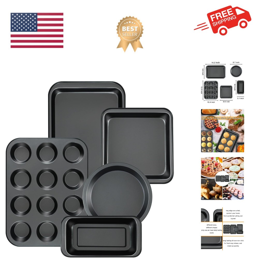 Kitchen 5-Piece Nonstick Bakeware Set - Round/Square Cake Pans, Muffin Pan, L...