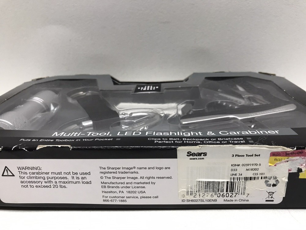 The Sharper Image SH6027SL 3 Pc. Multi Tool Kit Flashlight Carabiner Silver