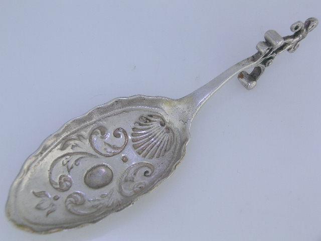 Old Silver MONKEY or TEA CADDY SPOON w/ figural handle scroll bowl ~hallmarked