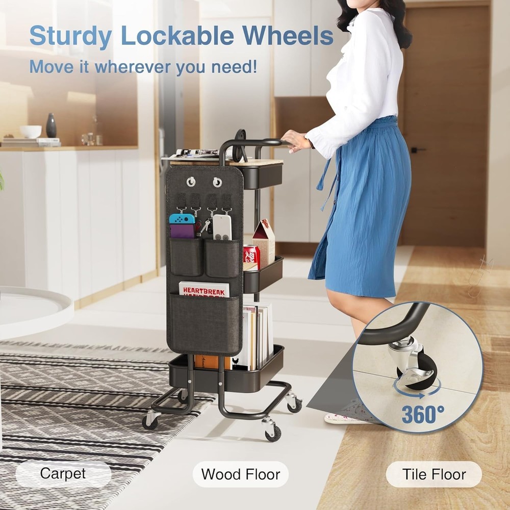 Versatile 3 Tier Rolling Cart - Metal Storage with Table, Hooks & Wheels