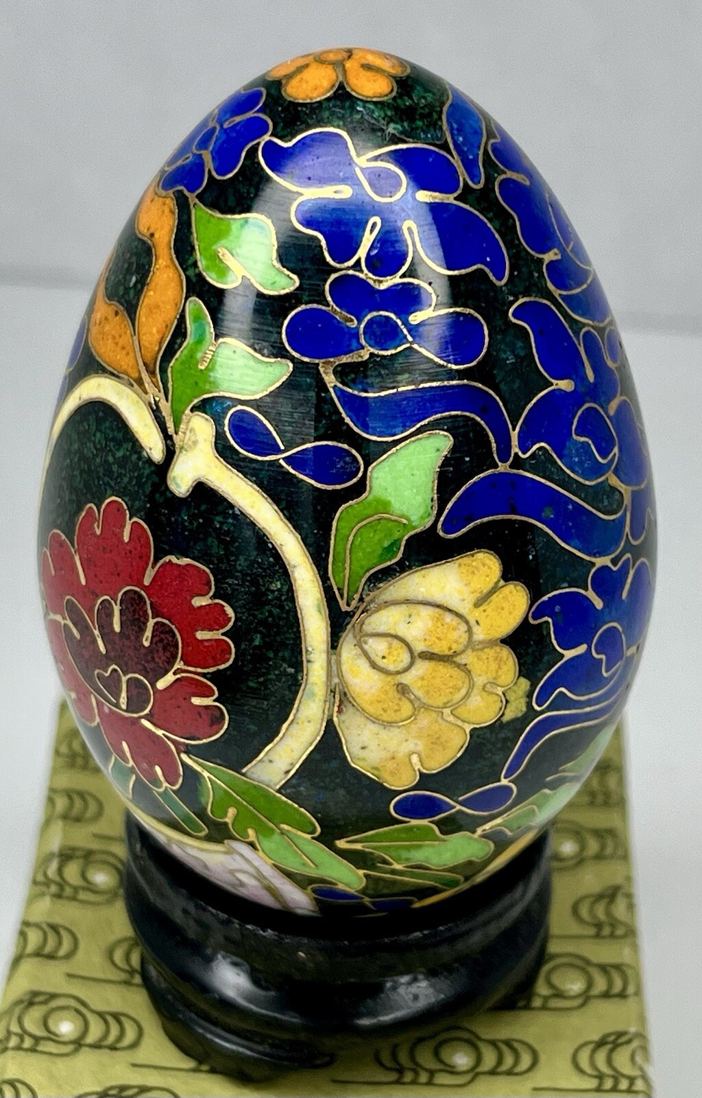 Vintage Chinese Black Cloisonné Enamel Copper Egg Pink Flowers Wood Stand In Box