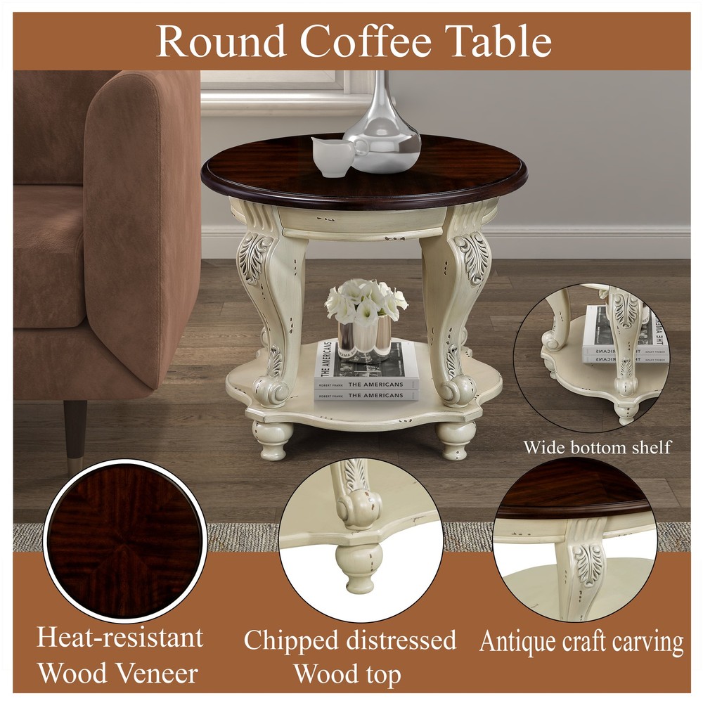 22'' Two Tone Round End Table,Solid Wood Sofa Side Table with Shelf,Living Roo