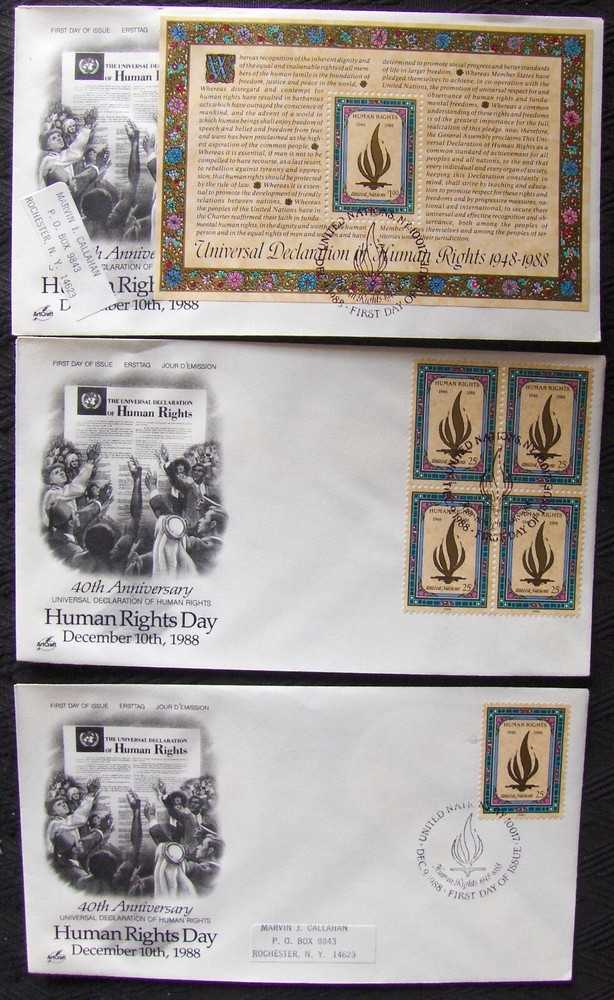 United Nations 3 different FDC HUMAN RIGHTS DAY, NY 1988.
