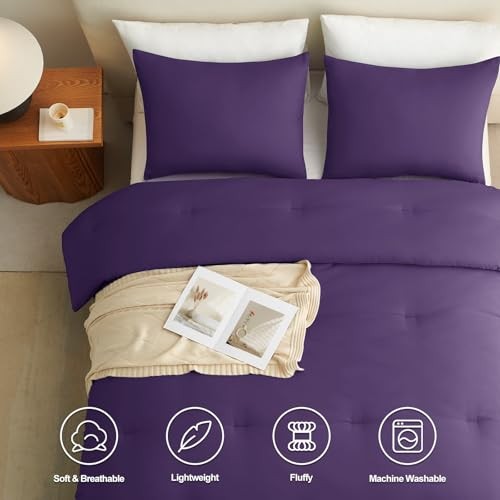 Comforter Set 3 Pieces Solid Comforters Size Breathable Quilted Queen Purple
