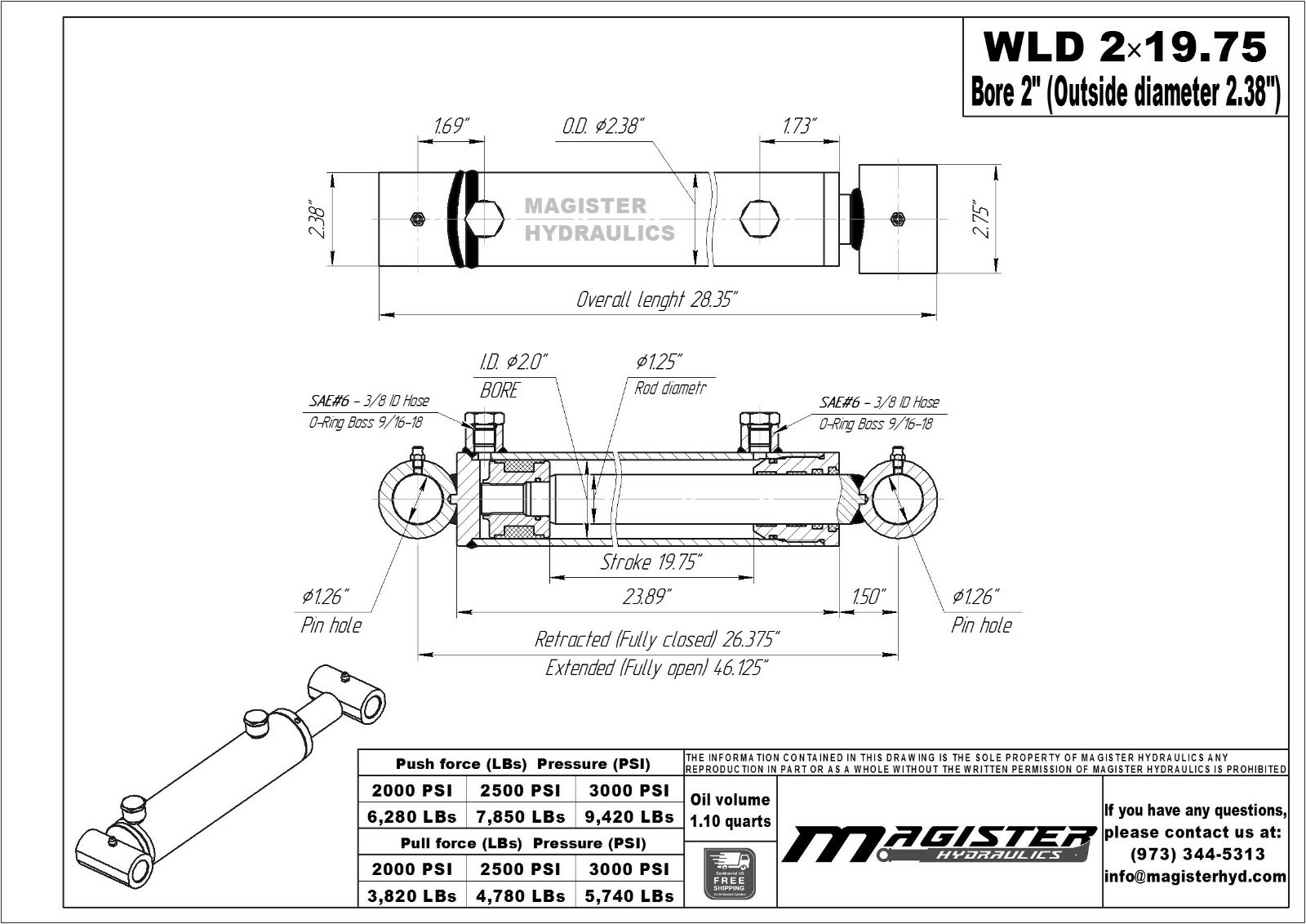Hydraulic Cylinder For Loader Welded Double Acting 2" Bore 19.75" Stroke 2x19.75
