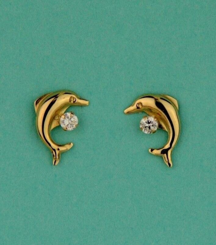 14k yellow gold dolphin earrings stud cz