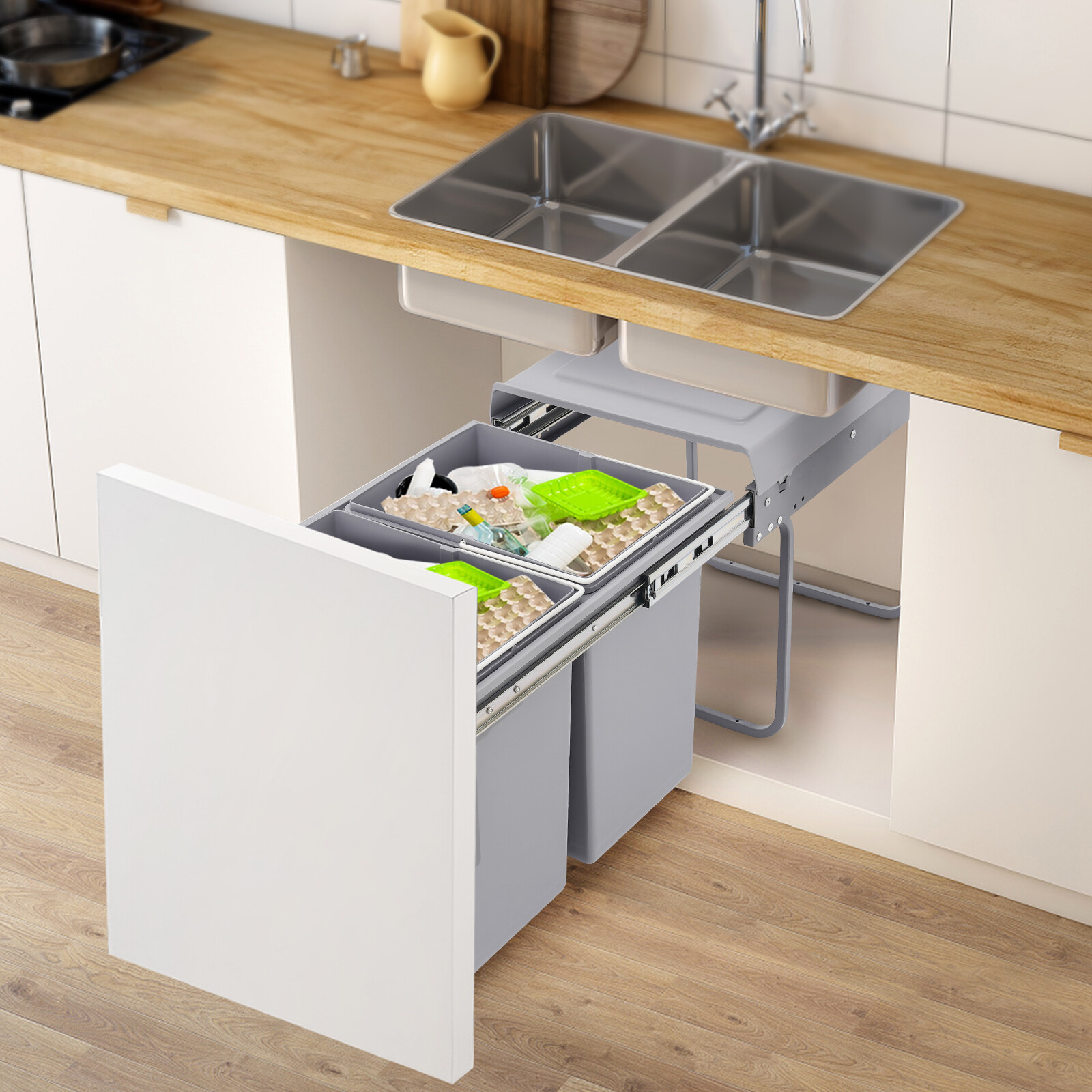 4.4Gal Under Cabinet Dual Pull-Out Trash Can Kitchen 20L Sliding Waste Bin Grey