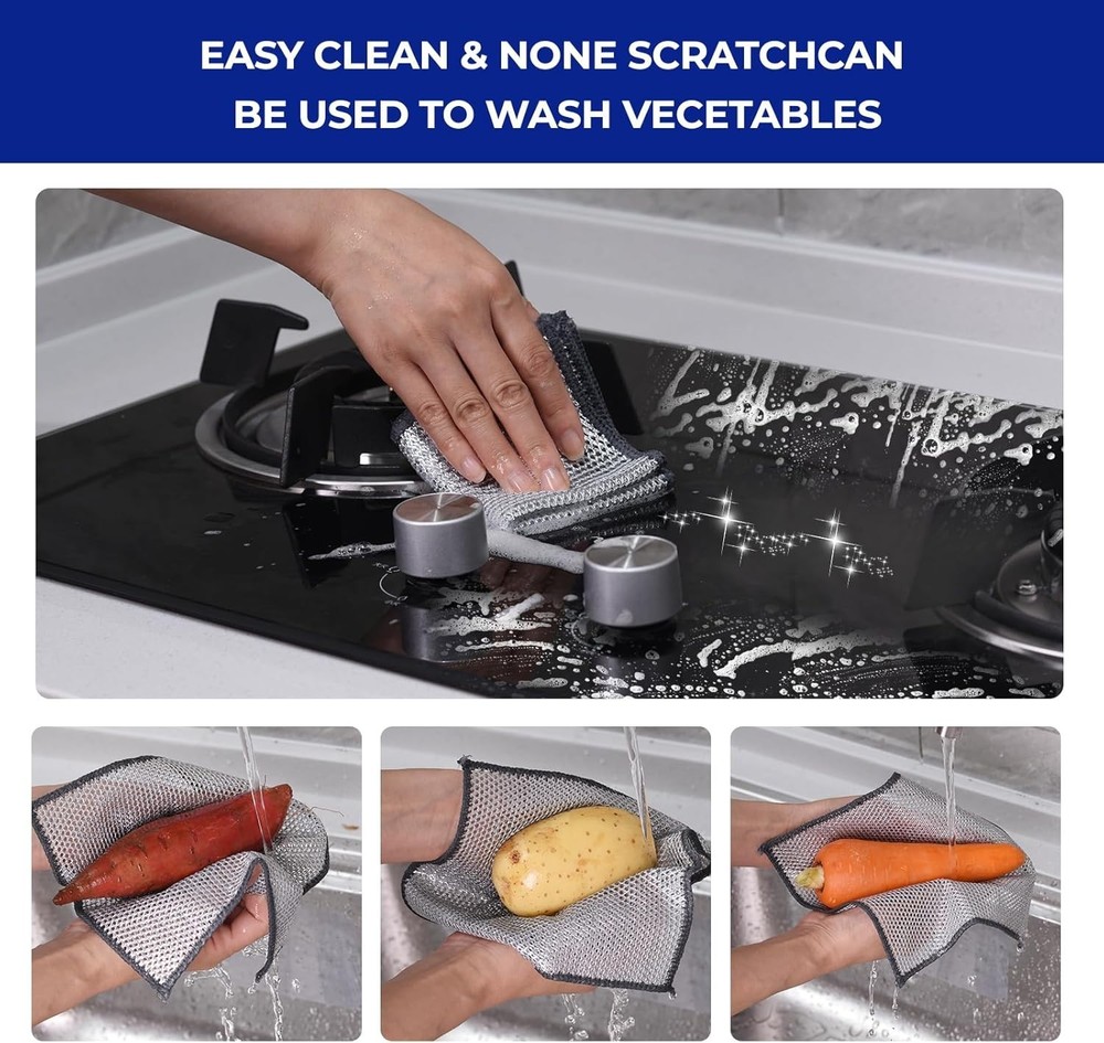 12 PCS 3-Layer Non-Scratch Multipurpose Steel Wire Dishcloths - Reusable Quick-D