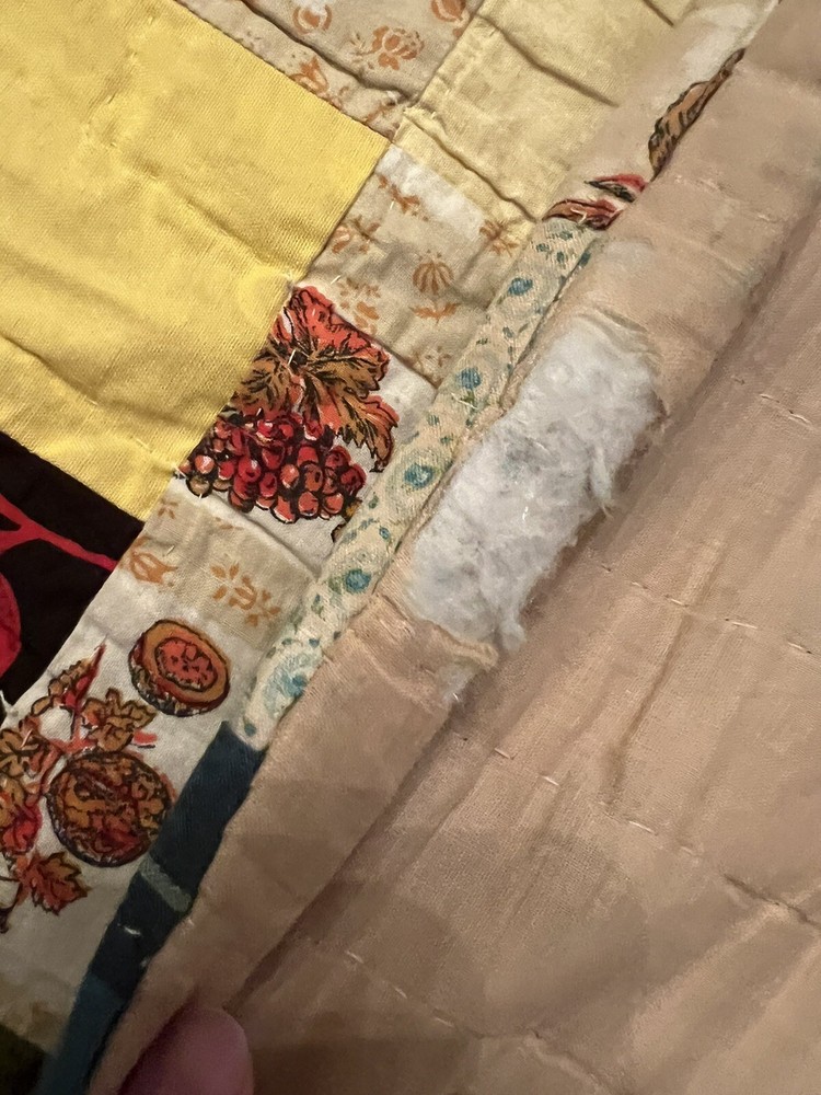 Vintage Handmade Cutter Quilt Small Blocks Patchwork 64” X 83” Tan Fruit READ