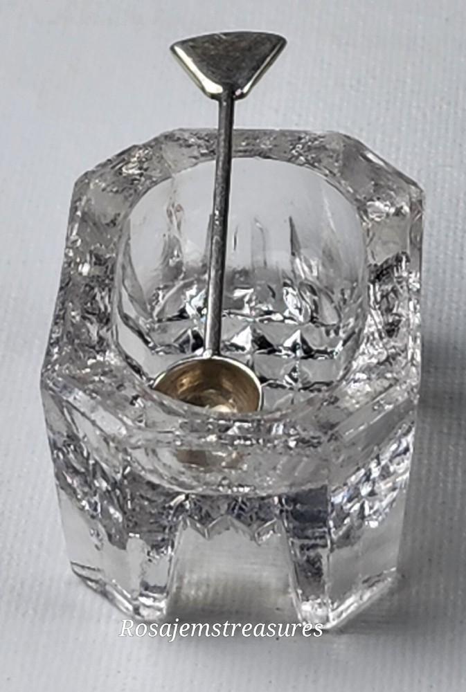 Vintage Open Footed Crystal Salt Cellar (Rectangular) with 925 Silver Spoon