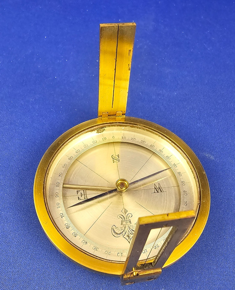 Antique Brass Surveyor's POCKET COMPASS Functioning Needle Lock Original Case