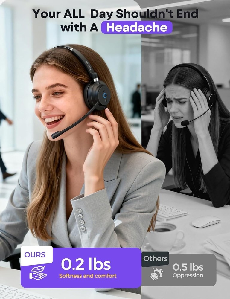 Wireless Headset with Mic for Work, Clear Sound ＆ Comfortable ＆ Stable Connectio