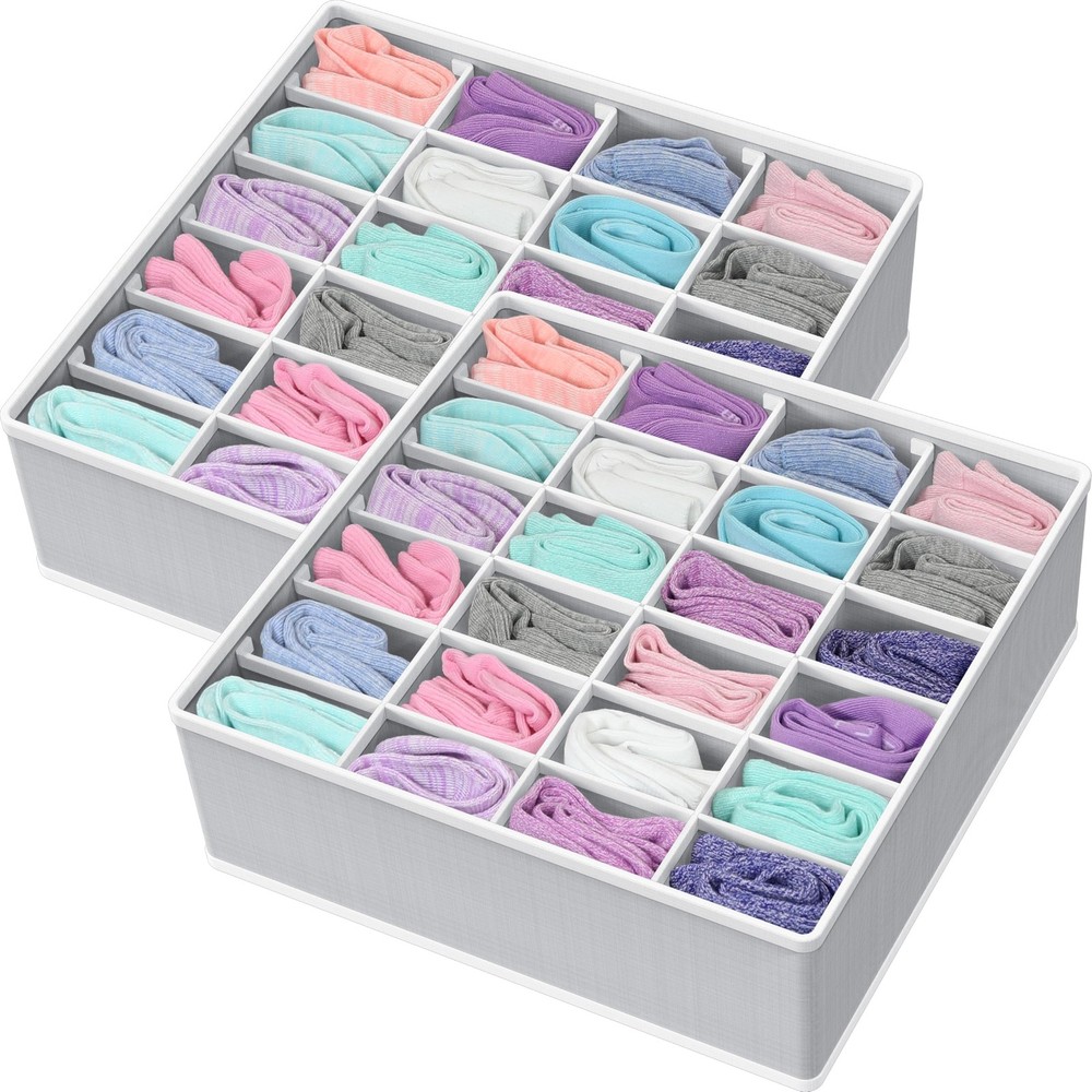 2 Pack Closet Sock Organizer, 24 Cell Drawer Divider, Gray