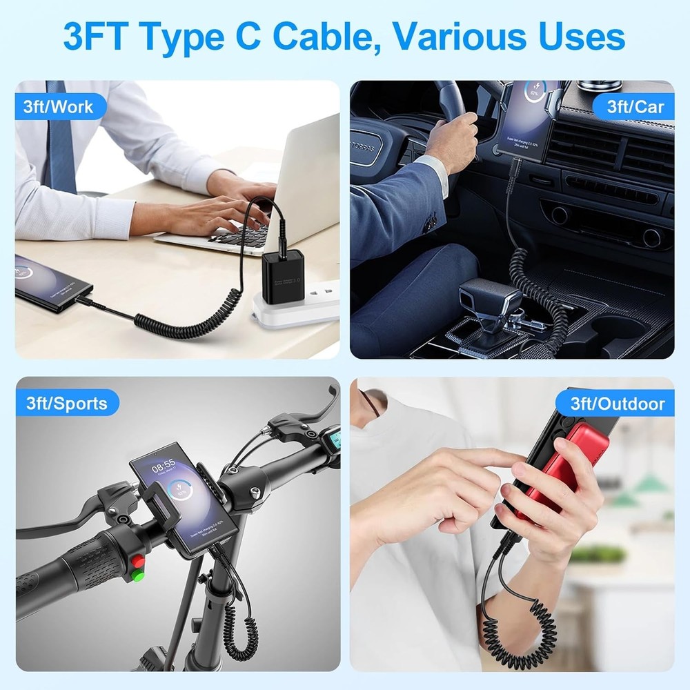 Coiled USB C Charger Cable 3ft for iPhone 17 Pro Max Air 16 Max,16...