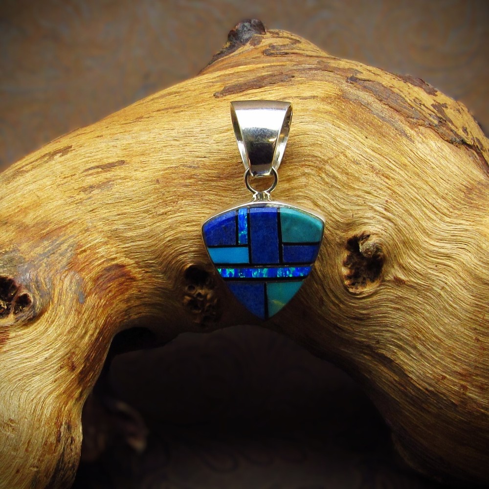 *Lapis Turquoise Lab Created Opal Shield Shaped Sterling Silver Pendant