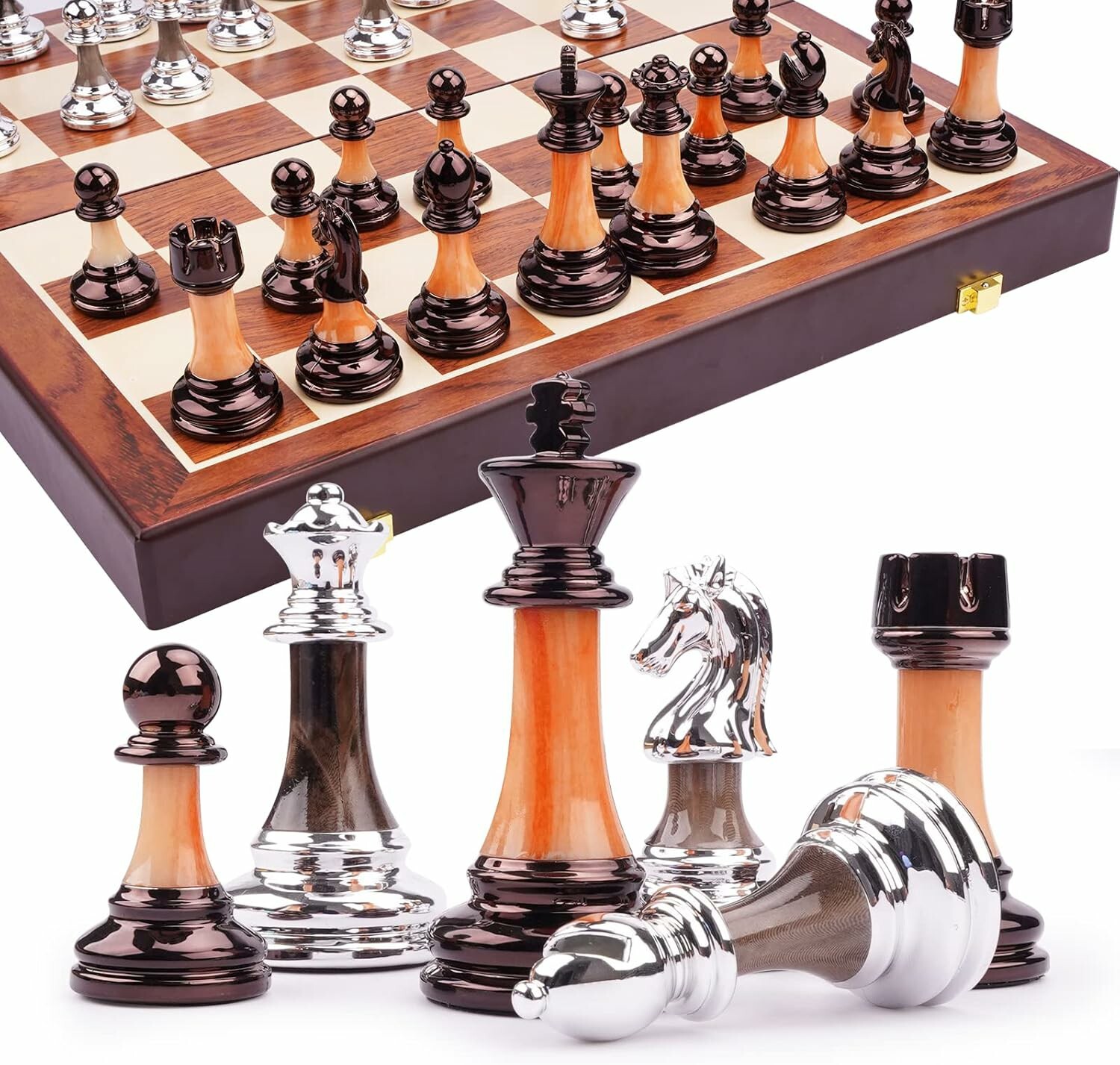 15" Acrylic Chess Set With Zinc Alloy + Acrylic Pieces & Folding Wooden Board