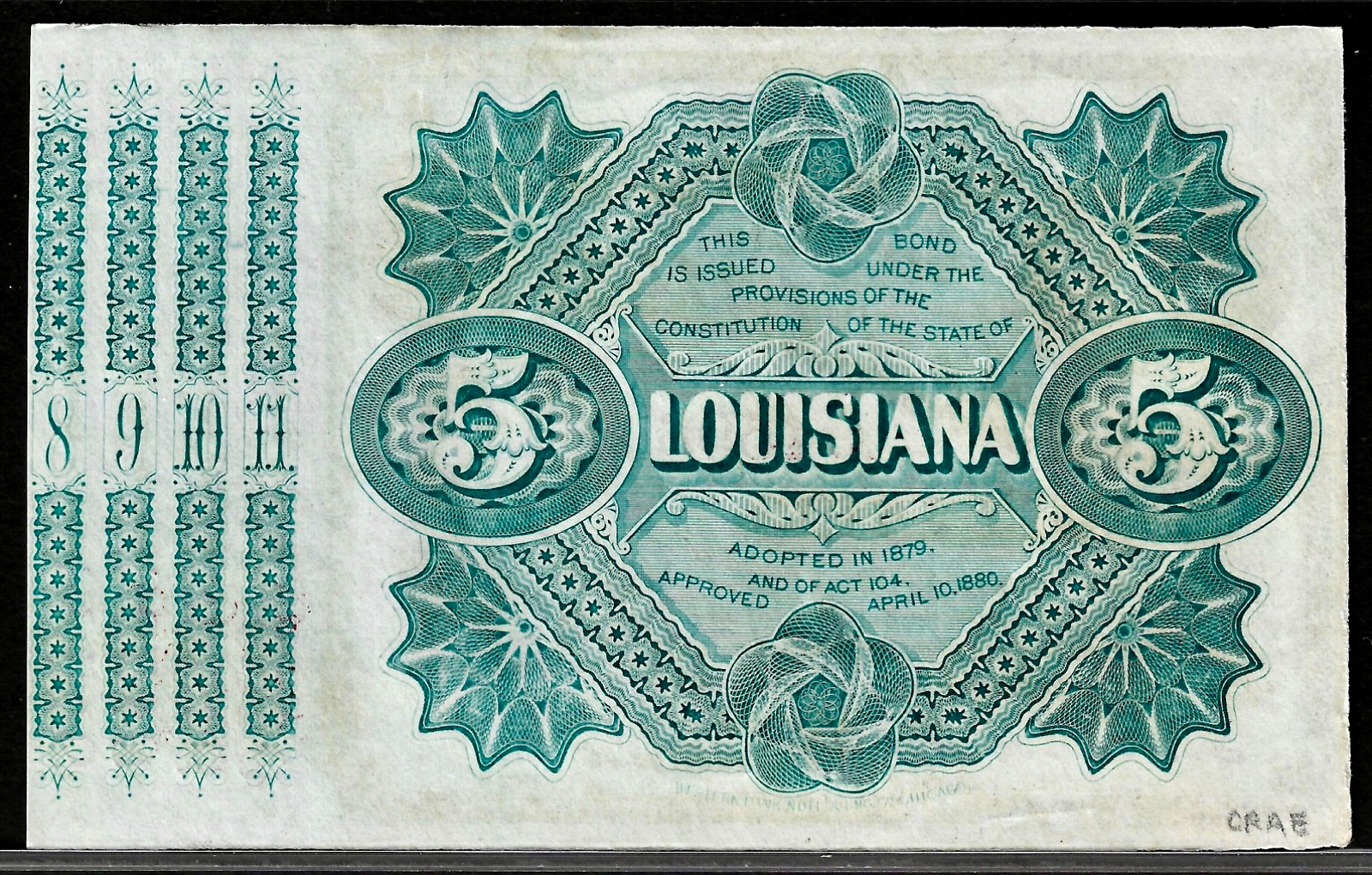 1875 Baton Rouge Louisiana $5 Dollar Baby Bond Obsolete Note w/4 Coupons UNC