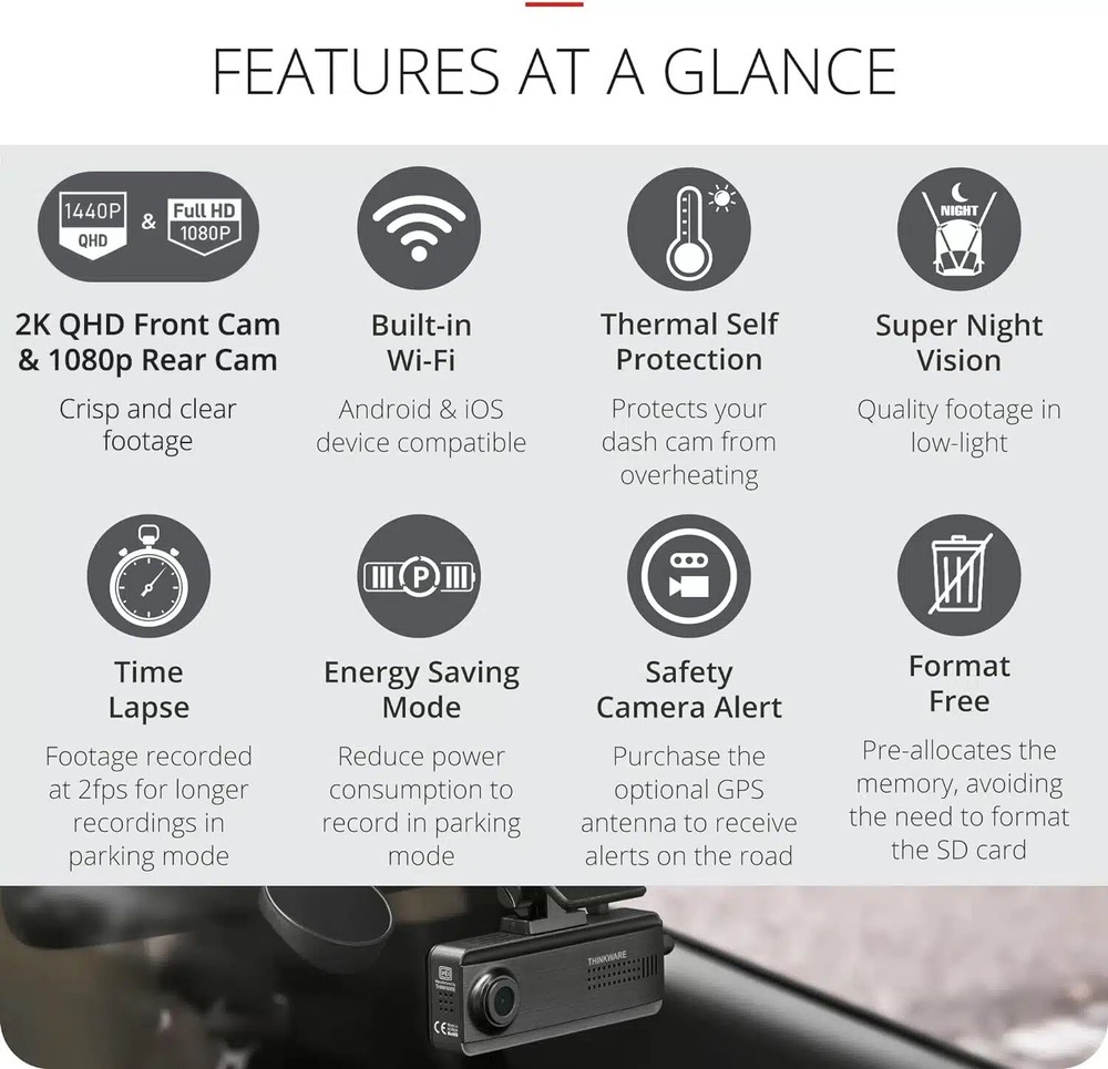 THINKWARE Q200 2K FRONT & 1080P REAR DASHCAM, BLUETOOTH, GPS, 32GB, NIGHT VISION