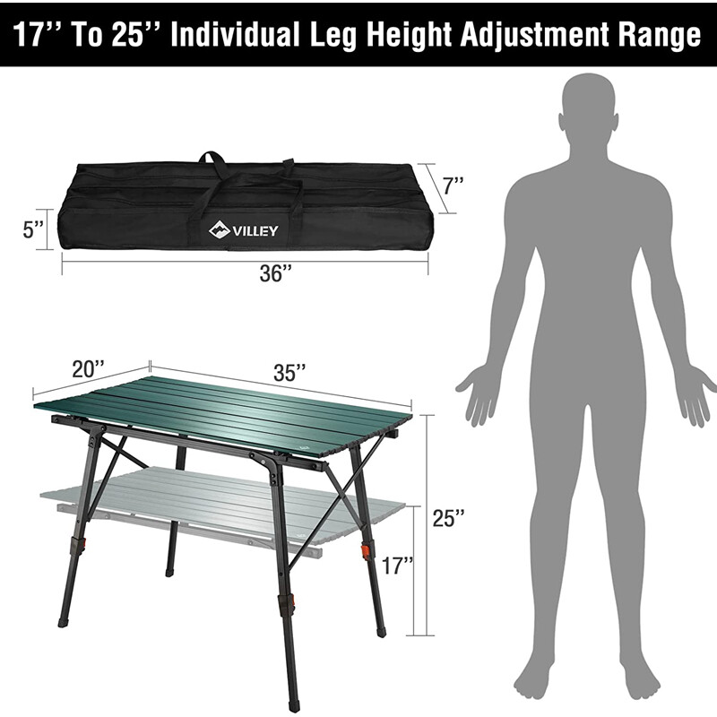 VILLEY Portable Camping Table with Adjustable Lightweight Folding Beach Table