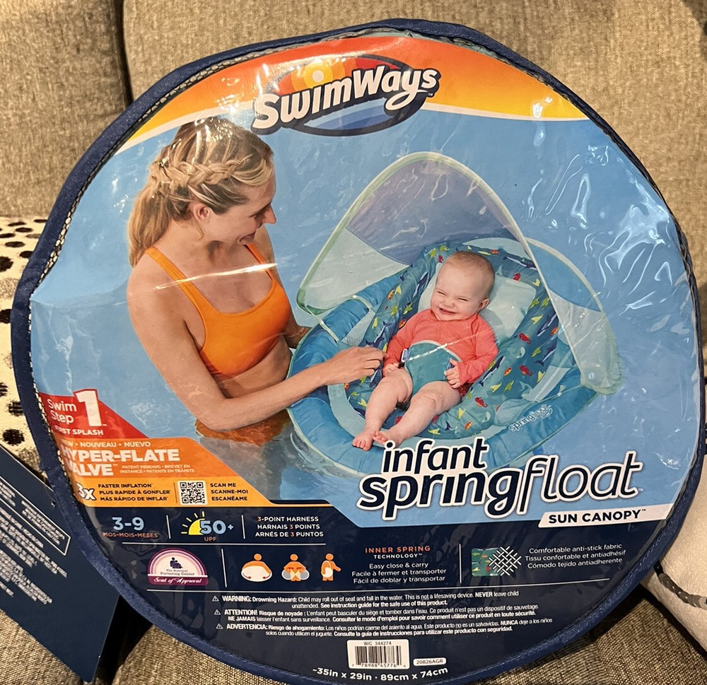 SwimWays Blue Infant Spring Float with Sun Canopy, Harness - Easy Fold*Brand New
