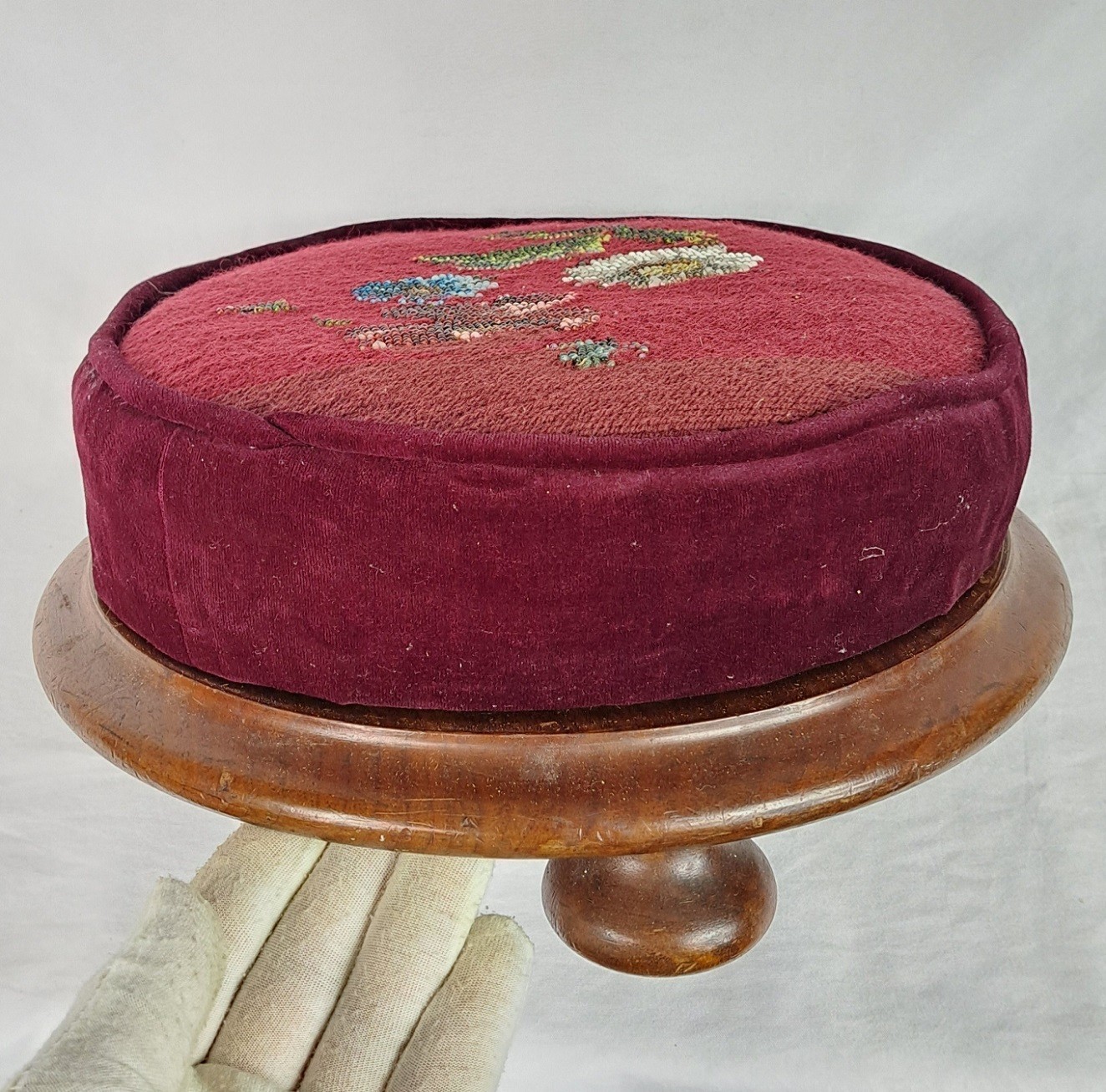 Antique Victorian Footstool Beaded Floral Needlework Tapestry Upholstery Ottoman