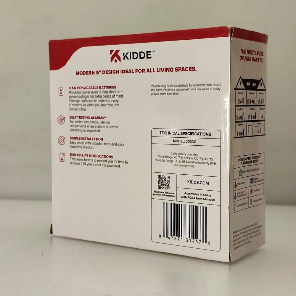 Kidde 5" Smoke Detector Alarm White AA Battery Powered LED Warning Light 20SDR