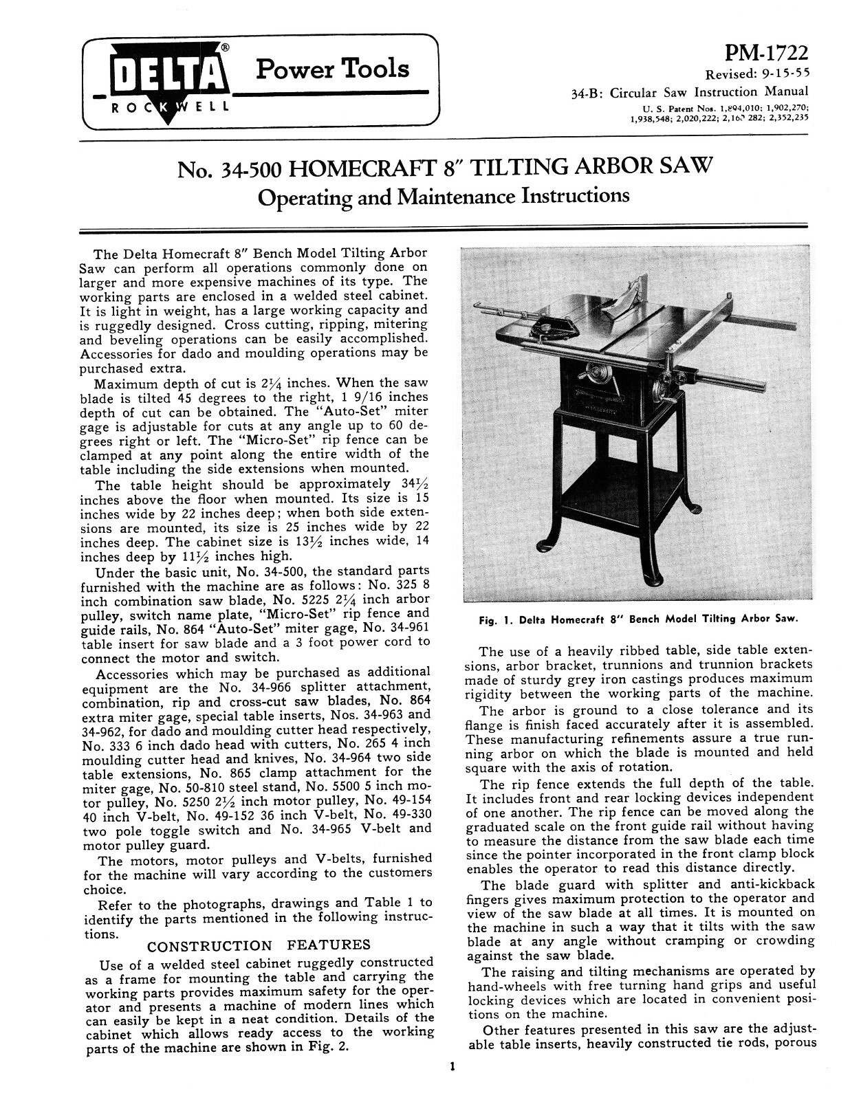 Delta Homecraft 34-500 8" Table Saw Instructions & Parts List Manual #1931