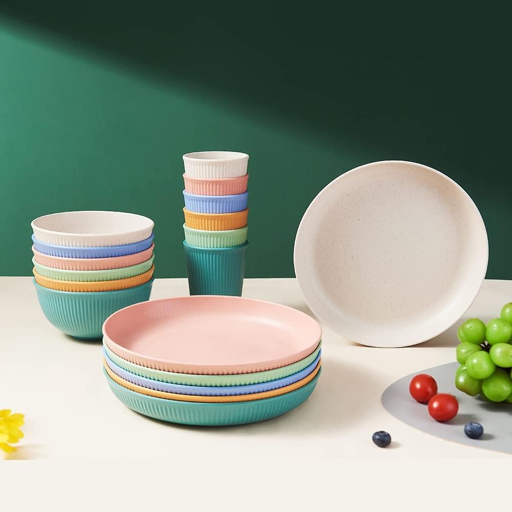 18pcs Wheat Straw Dinnerware Sets, HXYPN Unbreakable Reusable Multicolor