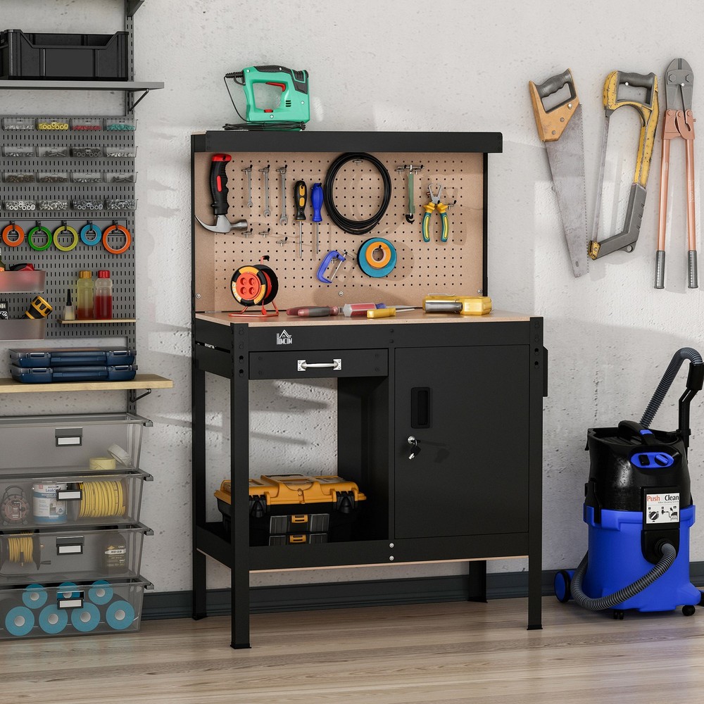 Work Table Garage Tool Stand w/ 20 Hook Peg Board, Tool Storage, 220lbs Capacity