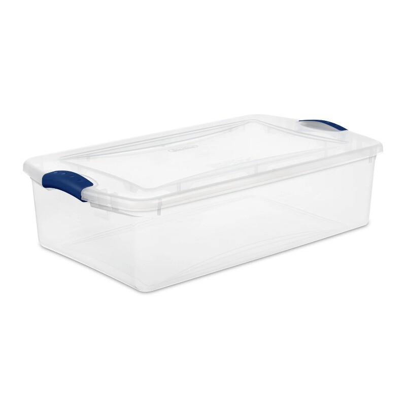 Sterilite 32 Quart Latch Box, Clear Plastic Storage Bin with Clear Lid, Blue
