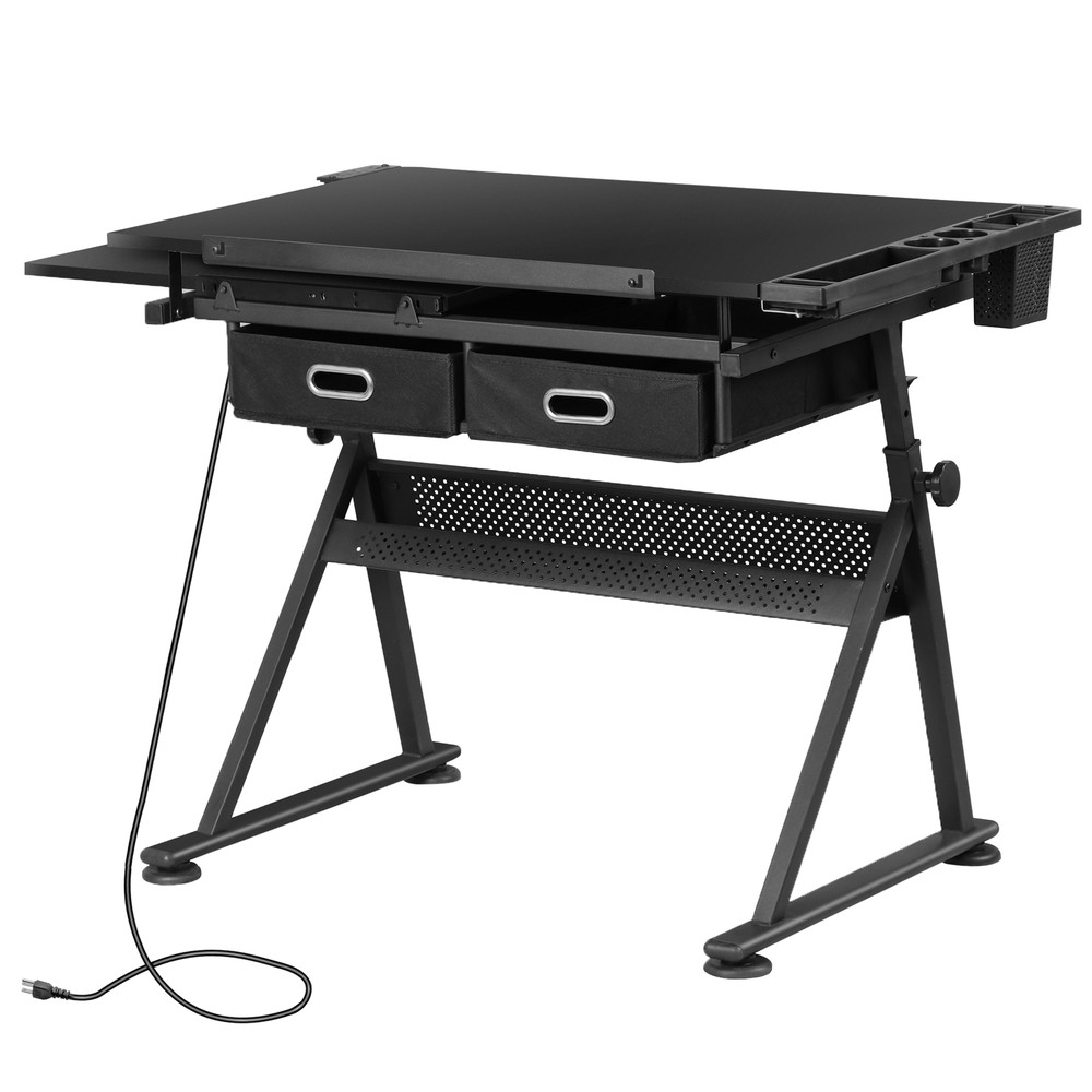 Black Drafting Table & Stool Se Adjustable Height W/ Drawers & Charge Station