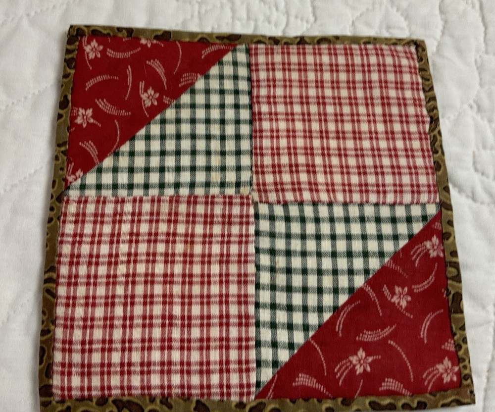 Antique Patchwork Quilt Table Topper, Four Patch, Early Calicos, Checks, Red