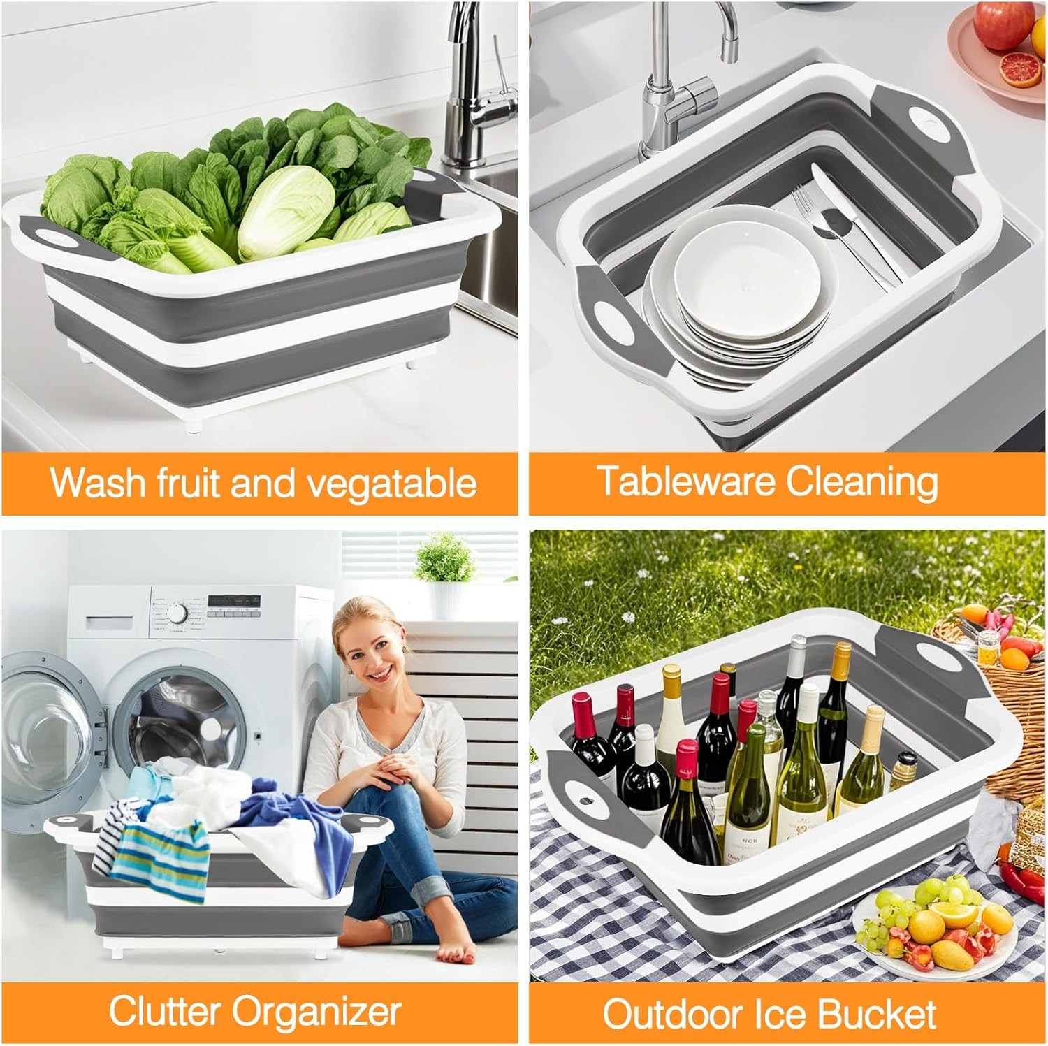 Foldable Grill Prep Bowl/Cutting Board, 10 L, with Strainer (Gray)