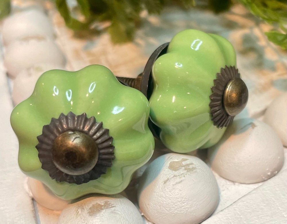 2 Brass 1.25" JADEITE GREEN Kitchen Cabinet Drawer Knobs Depression Caramic