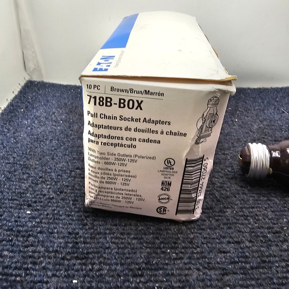 (QTY 10) Eaton 718B-BOX: Pull Chain Socket Adapter with 2 Side Outlet, Brown