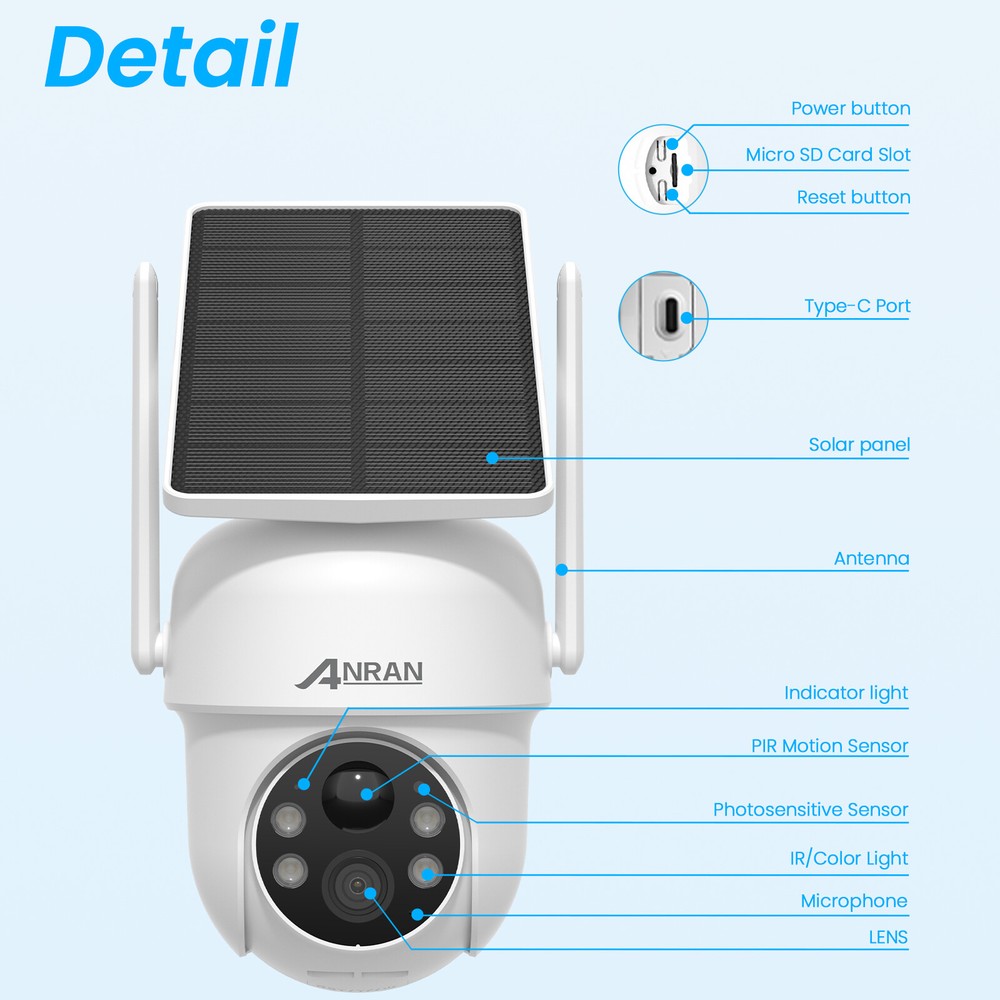 ANRAN Solar-Powered PTZ Wireless Security Camera with Solar Panel 2K Outdoor Use