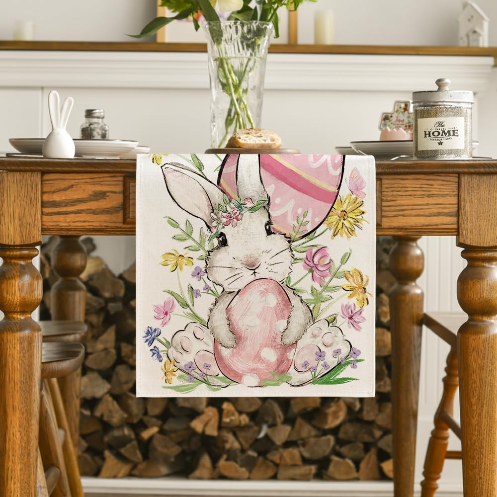 Artoid Mode Bunny Rabbit Egg Flower Easter 13" x 72", Table Runner, Beige