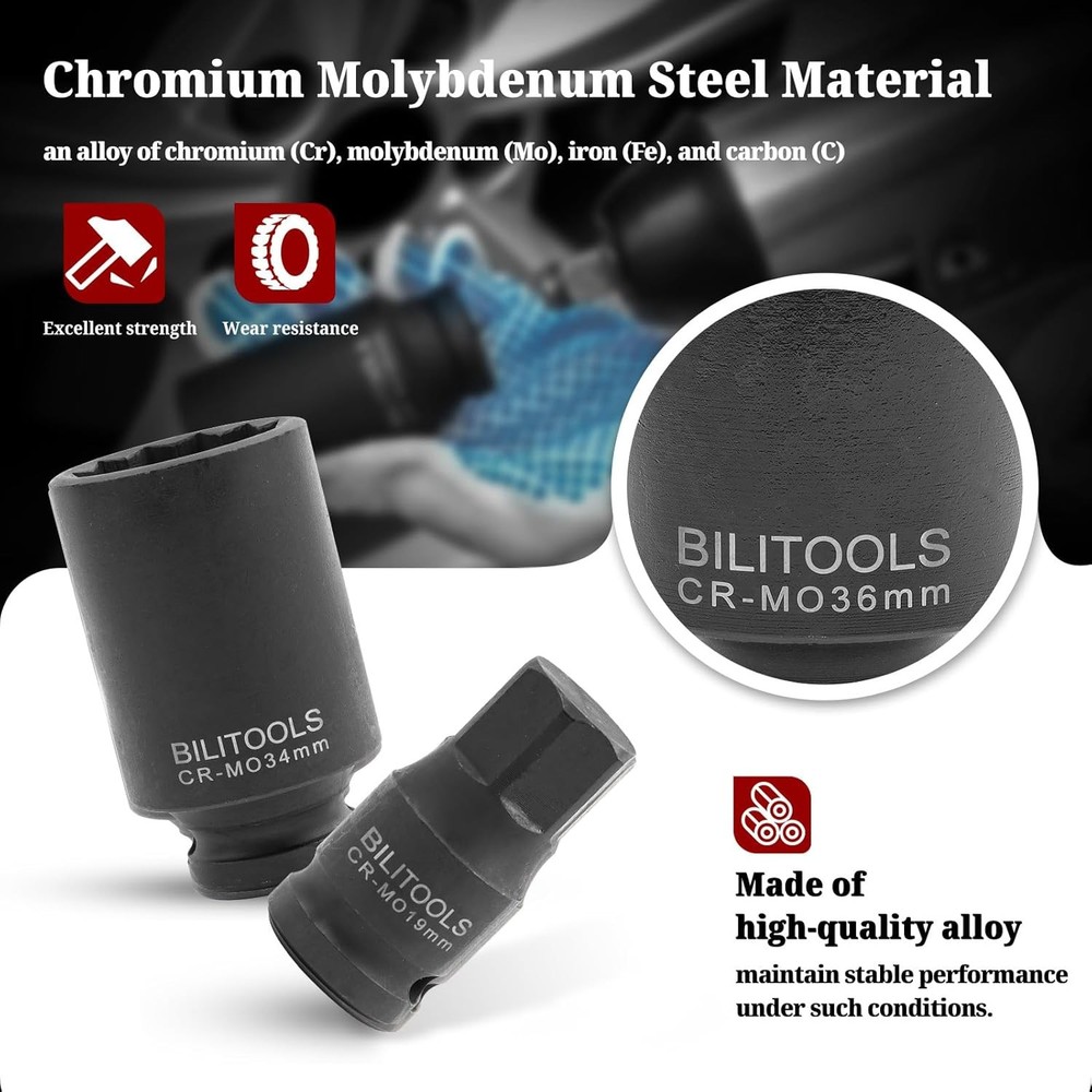 BILITOOLS 12 Point Axle Nut Socket Set, 1/2" Drive Spindle One Size