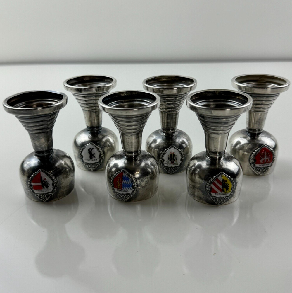 German Vintage Set Of 6 Mini Silverplate Goblets Enamel Cities States Cordials